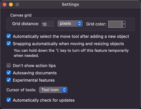 App settings panel